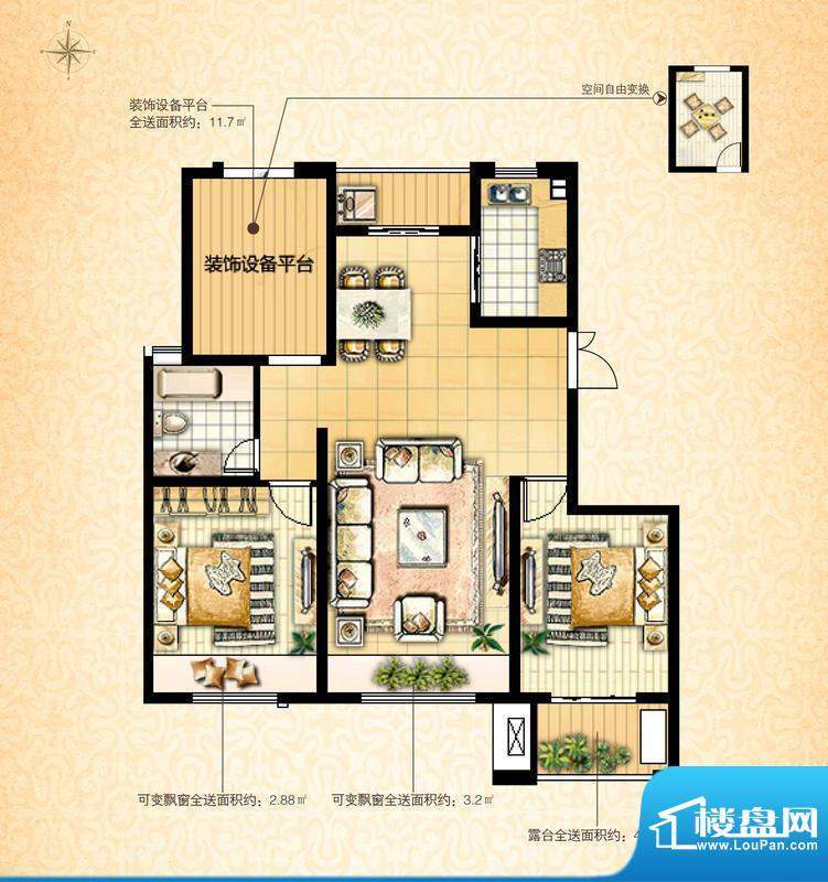 国基城邦29#温情居户型图 2室2面积:101.00平米