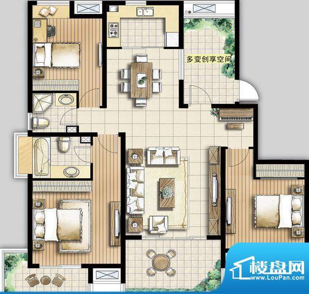 天地华城B1户型 3室2厅2卫1厨面积:142.00平米