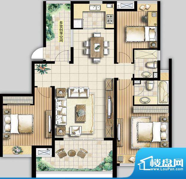 天地华城B2户型 3室2厅2卫1厨面积:128.00平米
