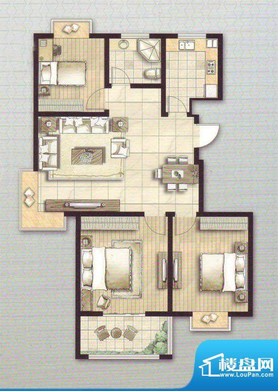 第e特区H户型 3室2厅1卫1厨面积:114.00平米