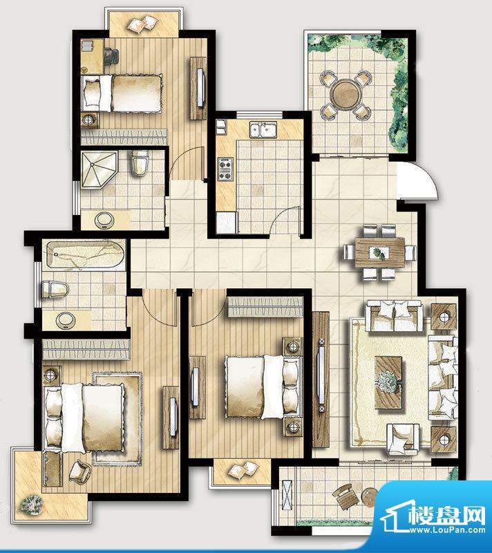 第e特区K户型 3室2厅2卫1厨面积:124.00平米