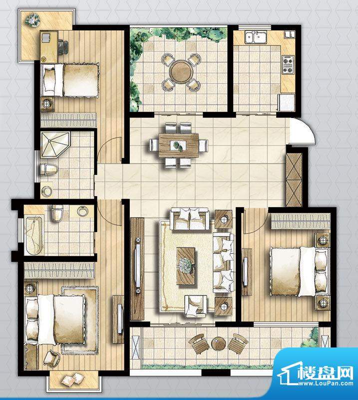 第e特区C户型 3室2厅2卫1厨面积:143.00平米