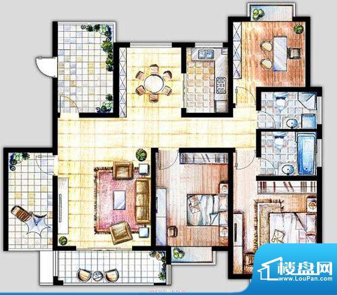 第e特区F户型 3室2厅2卫1厨面积:135.00平米