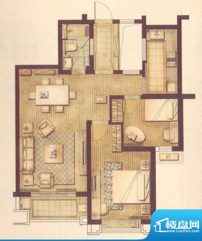 珑庭一期3、5#楼维罗纳户型 2室面积:90.00平米