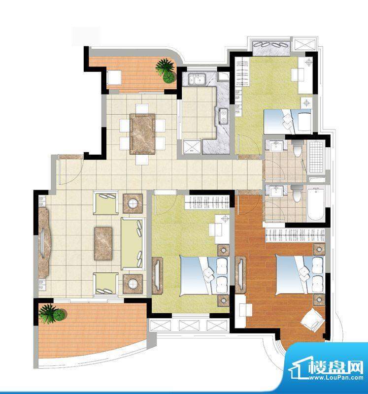 金色森林四期H户型 3室2厅2卫1面积:128.00平米