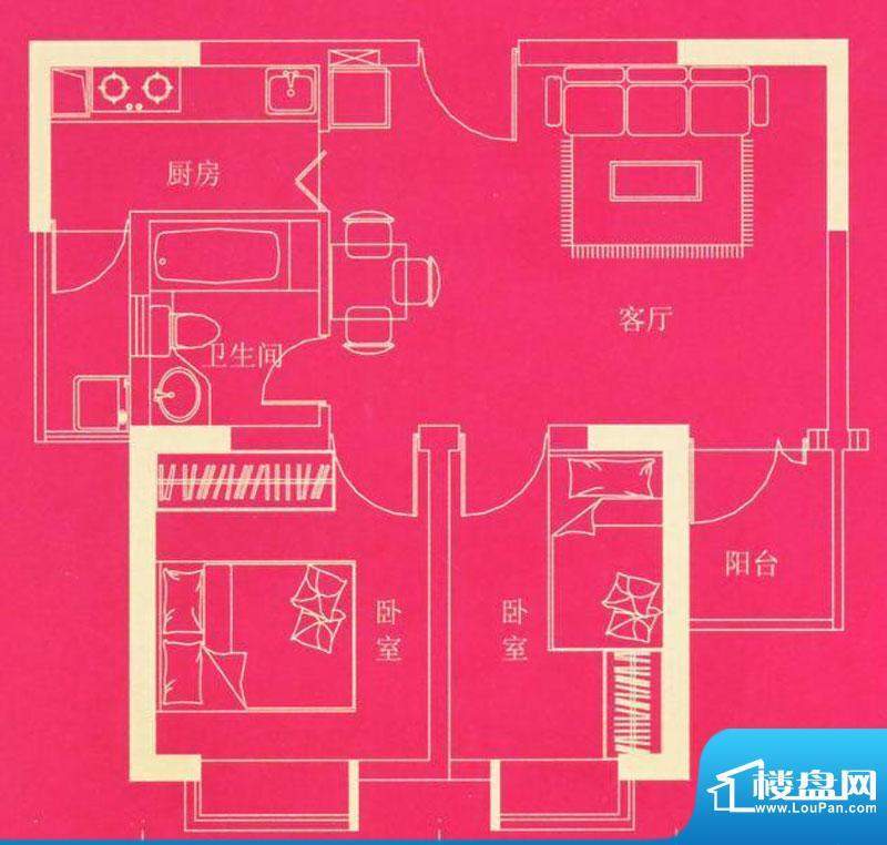 东方国际广场公寓户型图 2室2厅面积:65.25平米