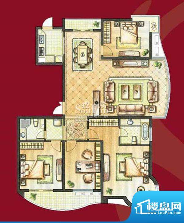 时代中央社区C2型 4室2厅2卫1厨面积:185.00平米