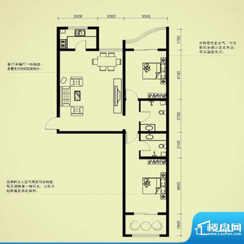 东方明珠城C户型两室面积:115.82m平米