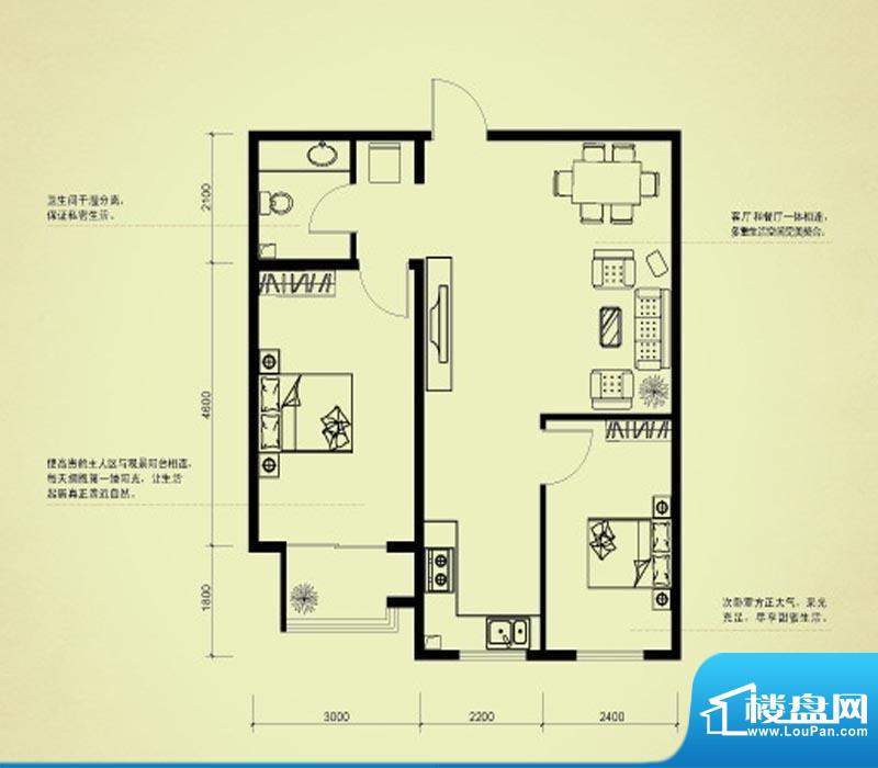 东方明珠城E户型两室面积:76.37m平米