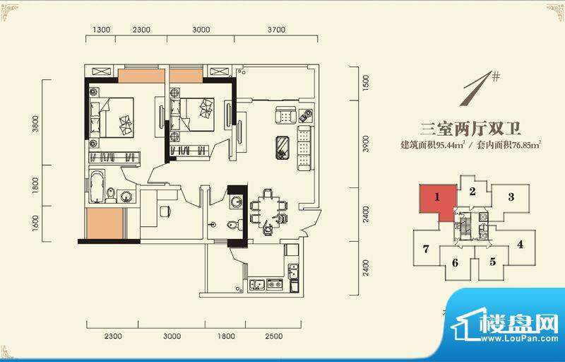 海怡江山户型图一期2号楼标准层面积:95.44平米