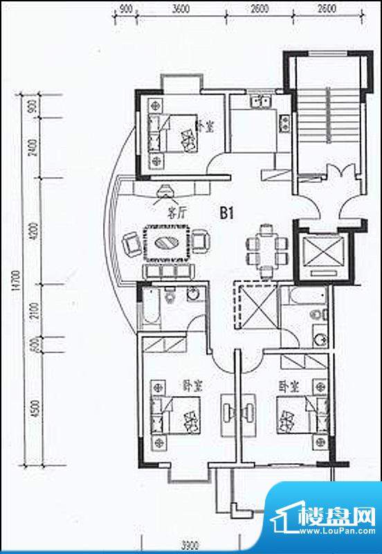 福鑫园户型图B1户型 3室2厅2卫面积:132.97平米