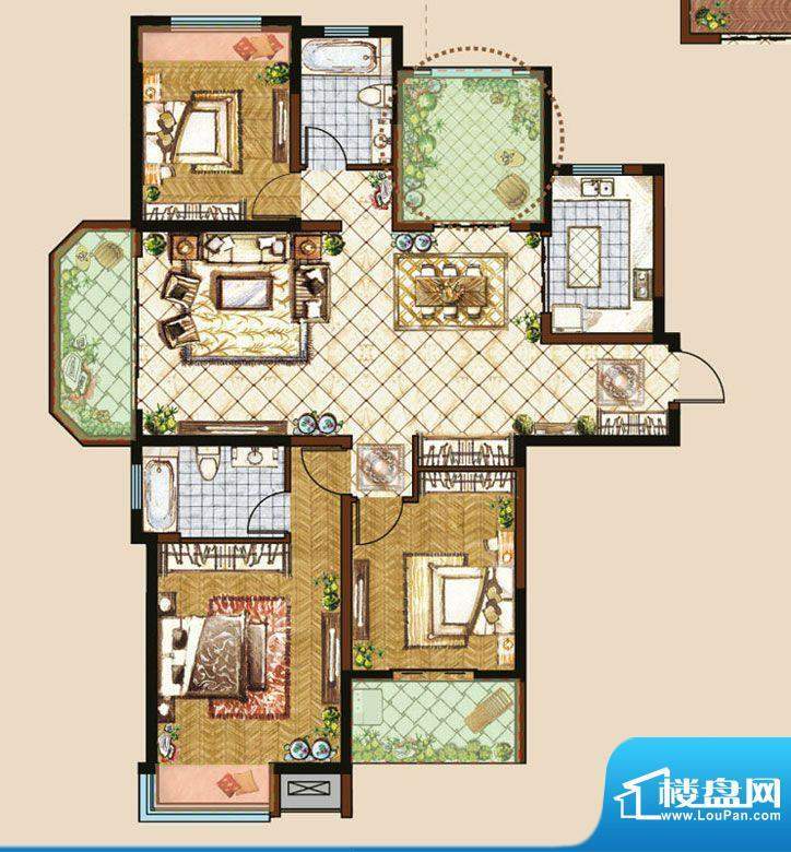 御城户型图五期A户型 3室2厅2卫面积:142.00平米