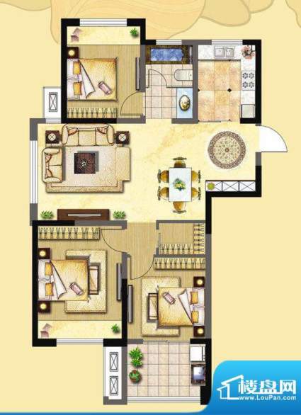 金色领寓户型图C户型 3室2厅1卫面积:107.56平米