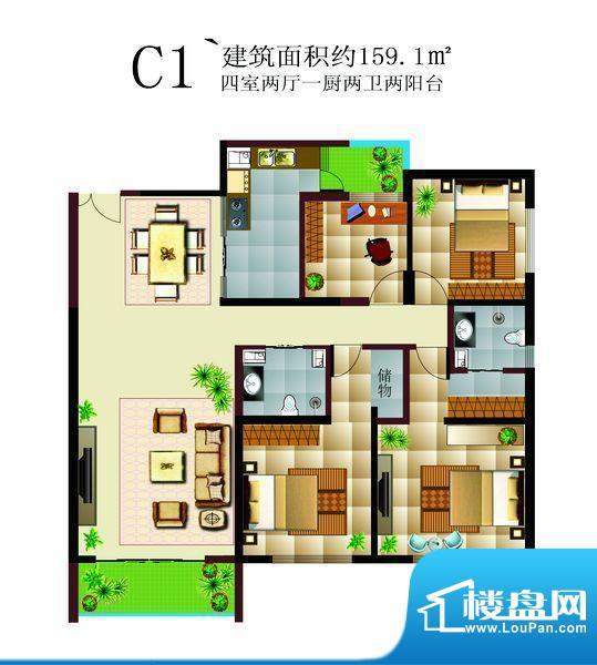 碧鸡名城户型图C1‘ 4室2厅2卫面积:159.10平米