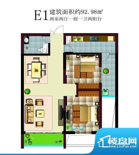 碧鸡名城户型图E1 2室1厅2卫1厨面积:92.98平米
