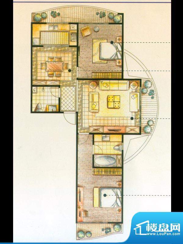 洱海国际生态城户型图H户型 2室面积:123.00平米