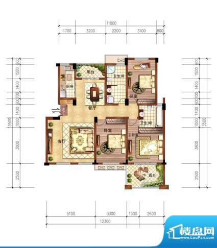 香缇溪岸户型图洋房8#楼5层E2户面积:126.06平米