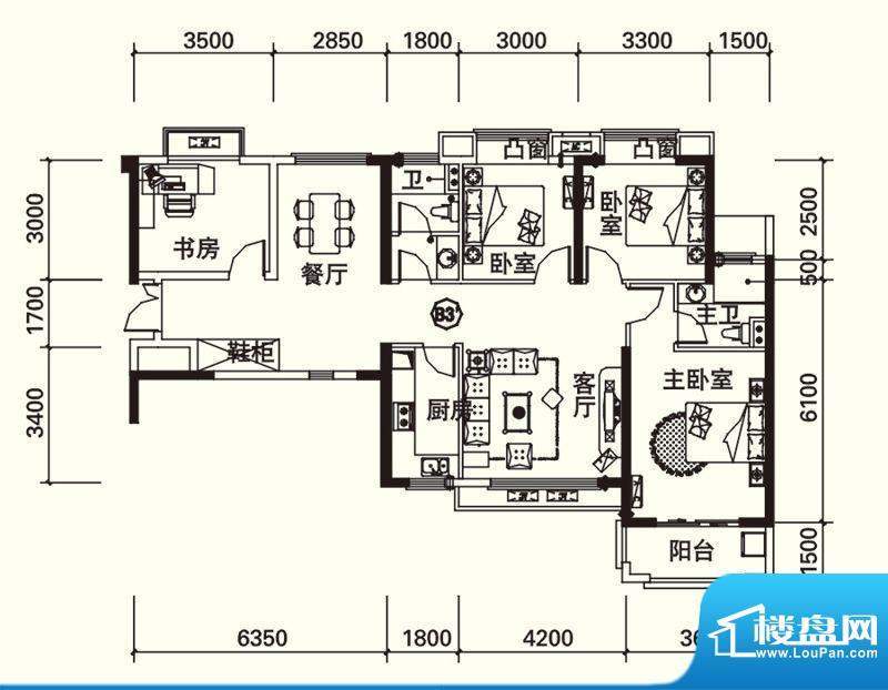 力高国际城户型图四期13#楼B3’面积:126.00平米