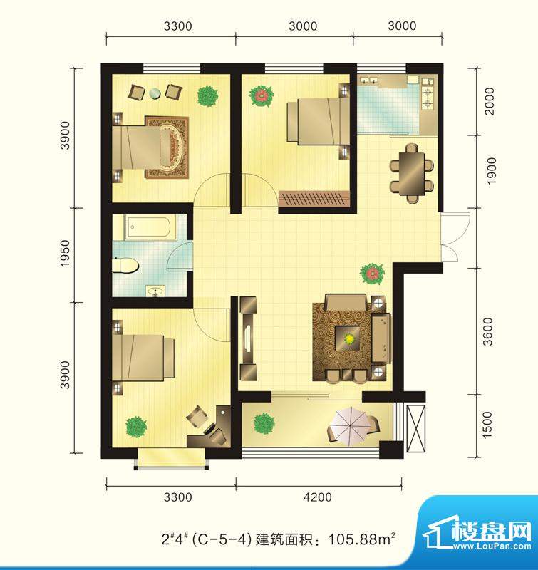 新元绿洲户型图2、4号楼C-5-4户面积:105.88平米