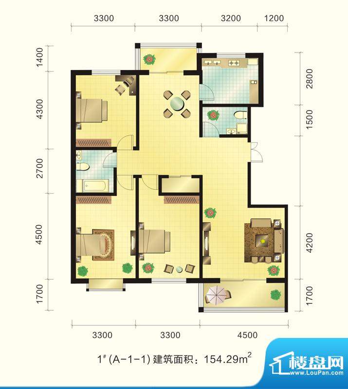 新元绿洲户型图1号楼A-1-1户型面积:154.29平米