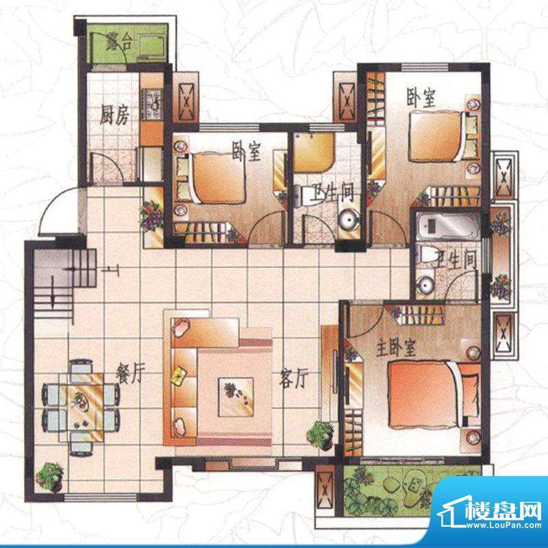 景城名郡户型图墅院洋房5楼三房面积:109.00平米