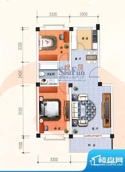 九洲城户型图A户型 2室2厅1卫1面积:95.00平米