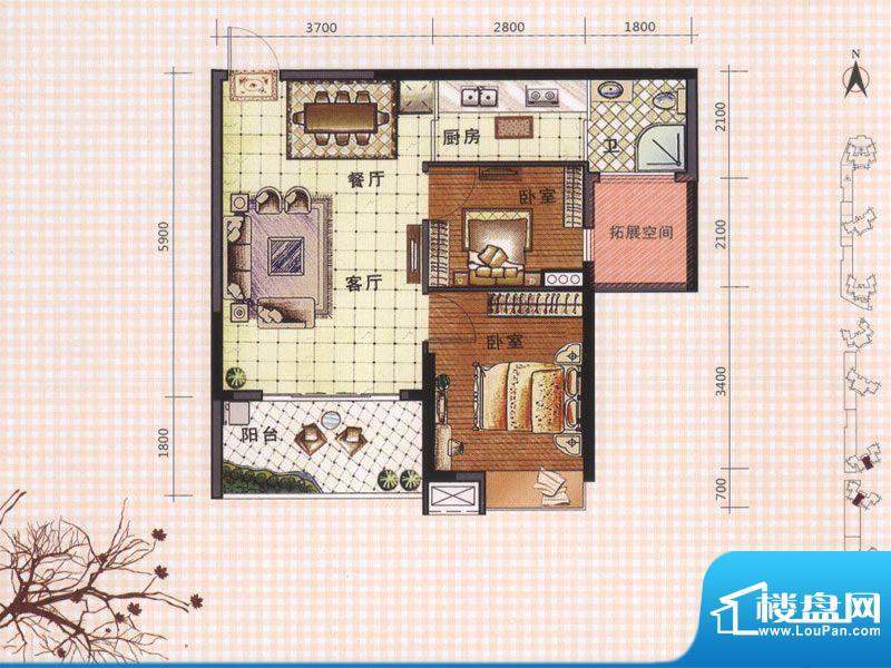 九仰梧桐公寓户型图6、7#楼C户面积:60.99平米