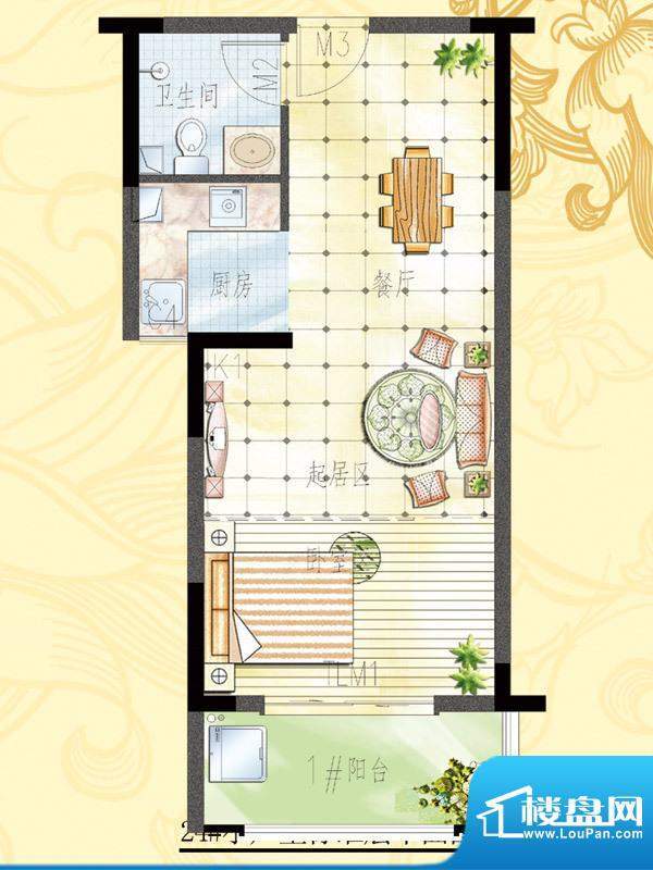平安象湖风情户型图23#楼公寓C面积:50.00平米