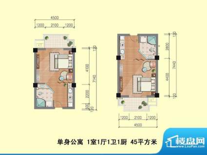 乾茂宫园户型图单身公寓 45平方面积:45.00平米