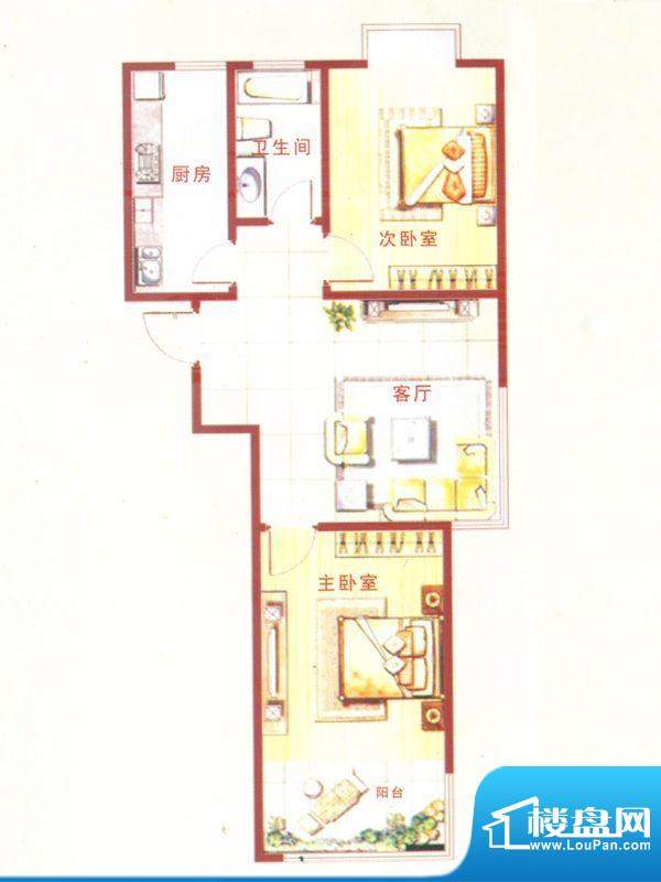 凤仪帝景户型图2#-E户型 2室1厅面积:84.77平米