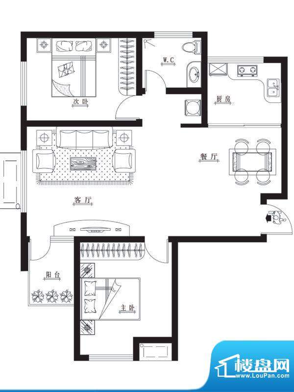 华裕唐城户型图E户型 2室2厅1卫面积:94.11平米