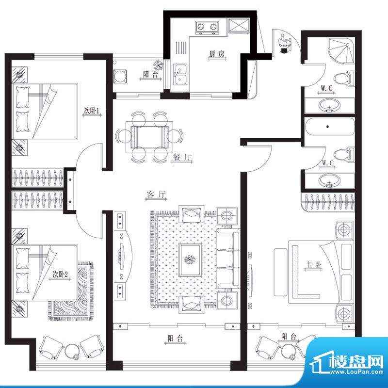 华裕唐城户型图C户型 3室2厅2卫面积:123.60平米