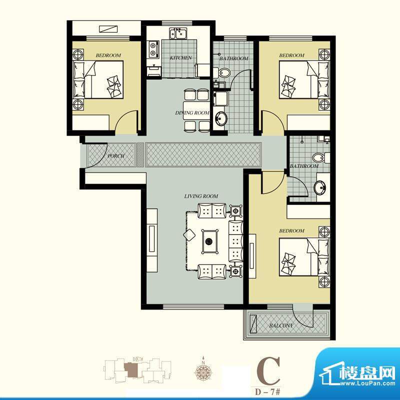 天洲视界城户型图D-7#C户型 3室面积:126.93平米