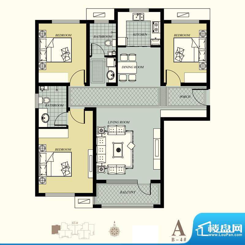 天洲视界城户型图B-4#A户型 3室面积:128.60平米