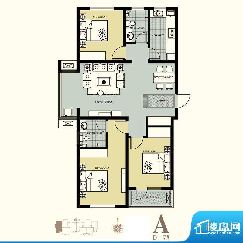 天洲视界城户型图D-7#A户型 3室面积:129.99平米