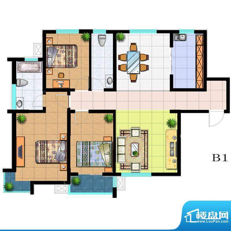 滨河悦秀户型图B1户型 3室2厅2面积:142.00平米