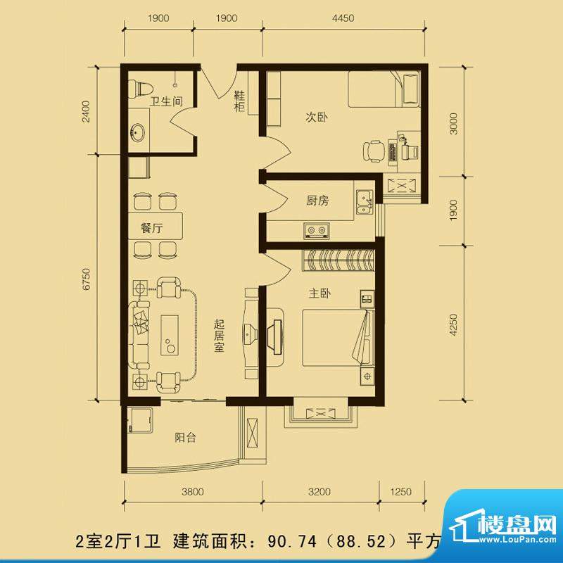 华林国际户型图2室2厅1厅90.74面积:90.74平米