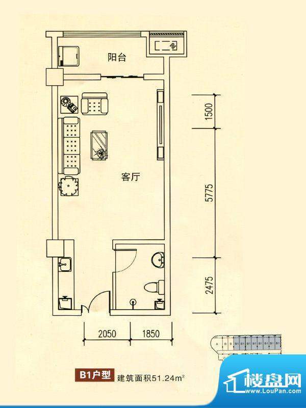 华银国际户型图B1户型1室1厅面积:51.24平米