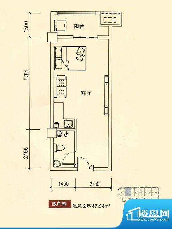 华银国际户型图B户型 1室1厅1卫面积:47.24平米