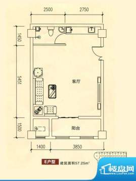 华银国际户型图E户型 1室1厅1卫面积:57.25平米