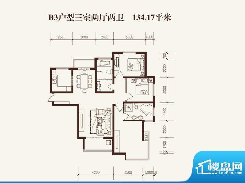 中山凯旋门户型图户型图-B3 3室面积:134.17平米