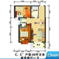 信通公寓户型图C户型 2室2厅1卫面积:88.00平米