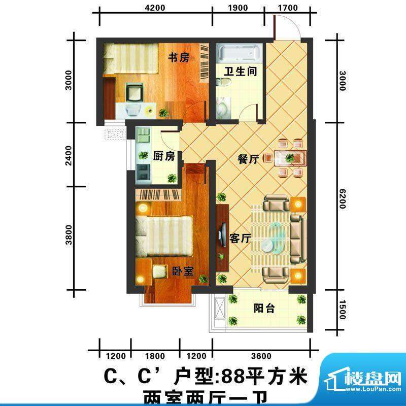 信通公寓户型图C户型 2室2厅1卫面积:88.00平米