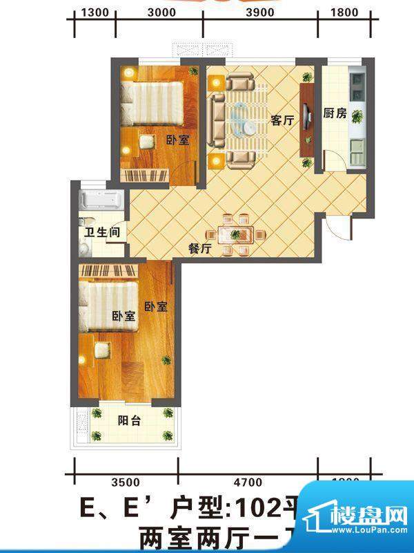信通公寓户型图E户型 2室2厅1卫面积:102.00平米