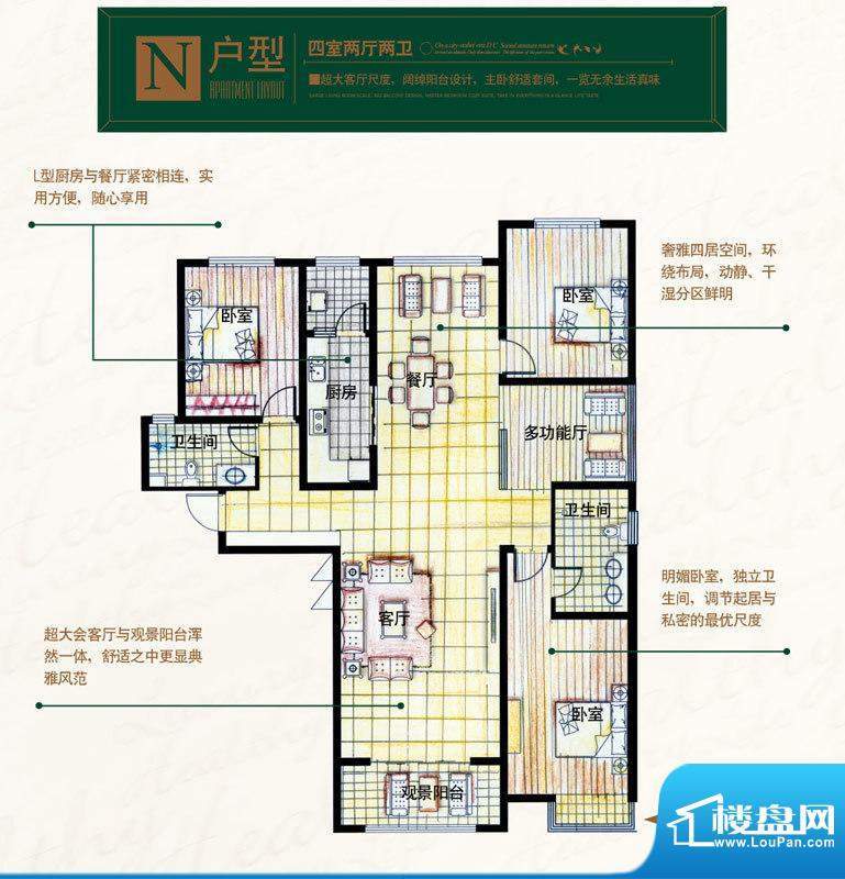 奥北公元户型图N户型 4室2厅2卫面积:168.10平米