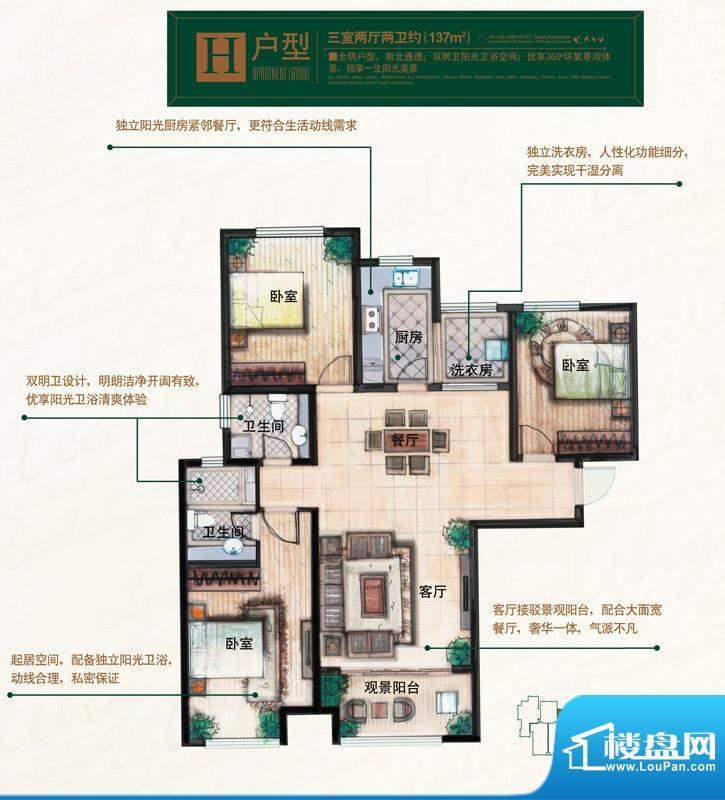 奥北公元户型图H户型 3室2厅2卫面积:137.00平米