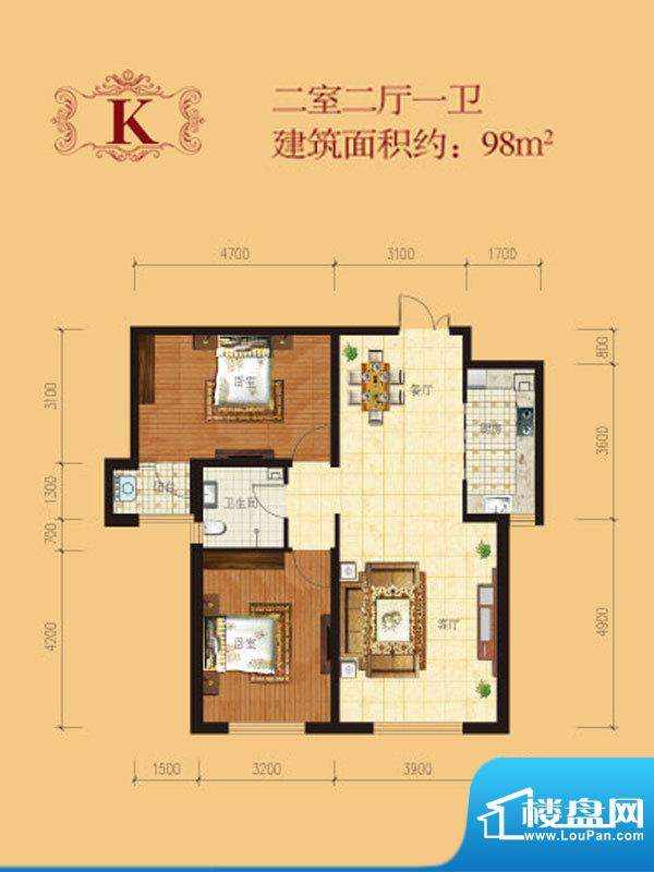 天海誉天下户型图K户型 2室2厅面积:98.00平米