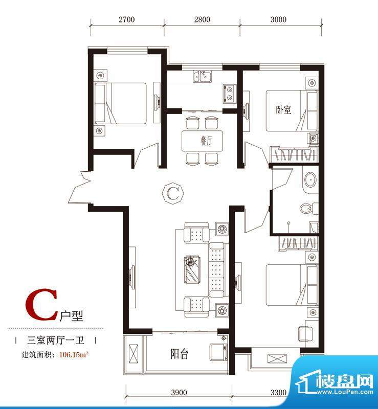 国风户型图7#C户型 3室2厅1卫面积:106.15平米