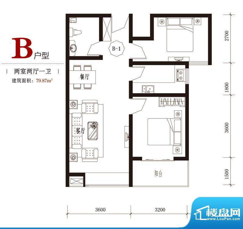 国风户型图7#B户型 2室2厅1卫1面积:79.87平米