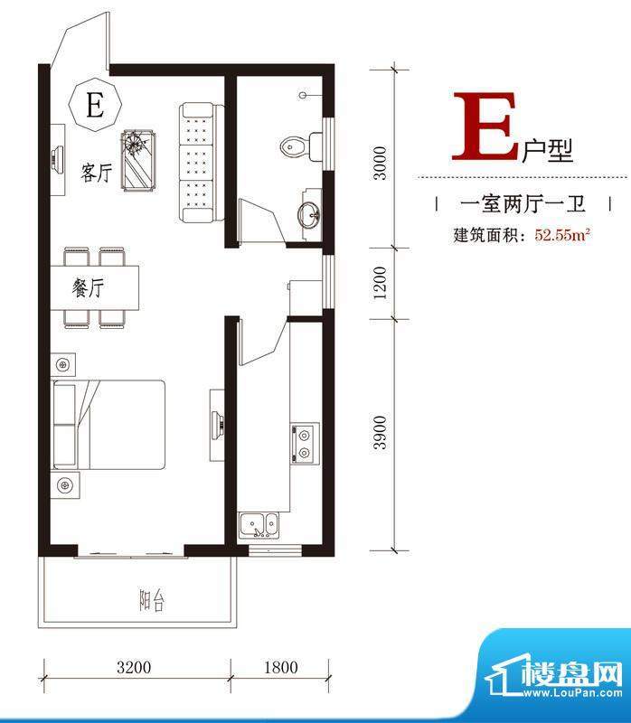 国风户型图7#E户型 1室2厅1卫1面积:52.55平米